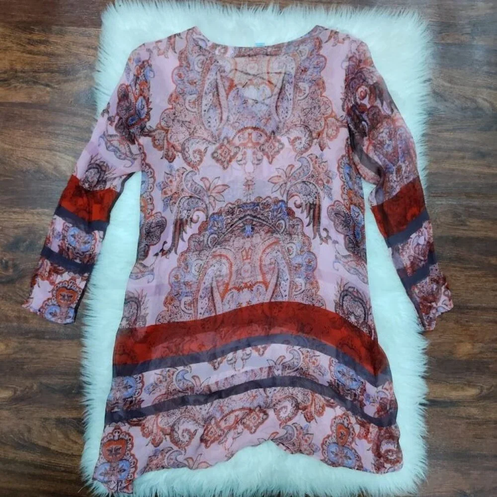 Charlie Jade Silk Womens Paisley Print Boho Tunic Dress M Pink & Red - Picture 3 of 9